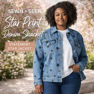 Sewn + Seen Star Print Denim Jacket Blue Shacket Statement Jacket Sz L